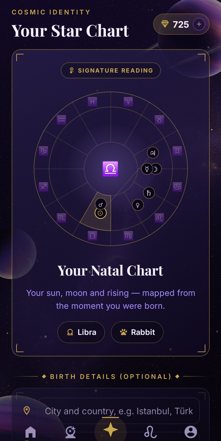 Cosmic identity and natal chart screen